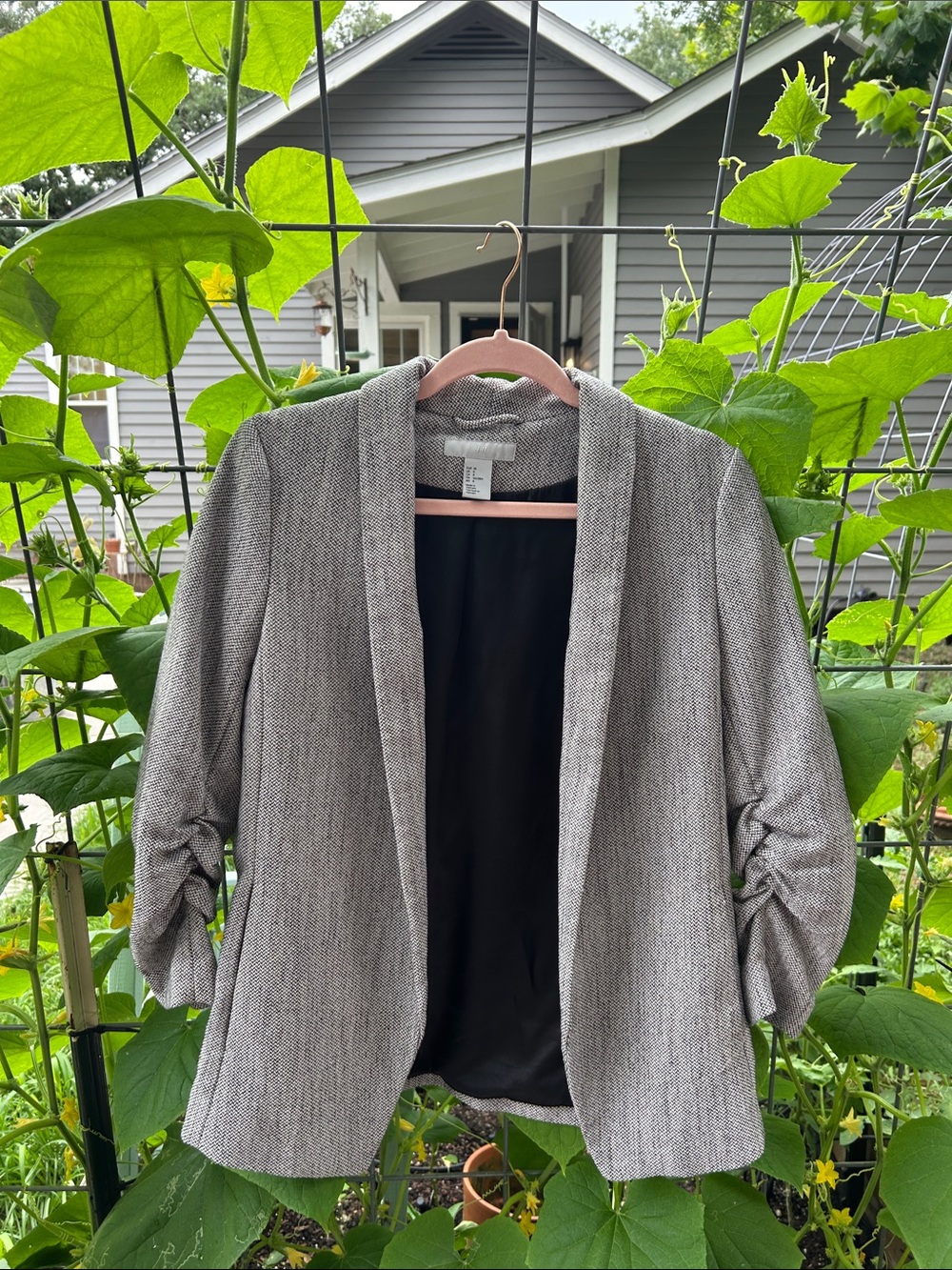 H&M Light Gray Open-Front Blazer with Ruched Sleeves